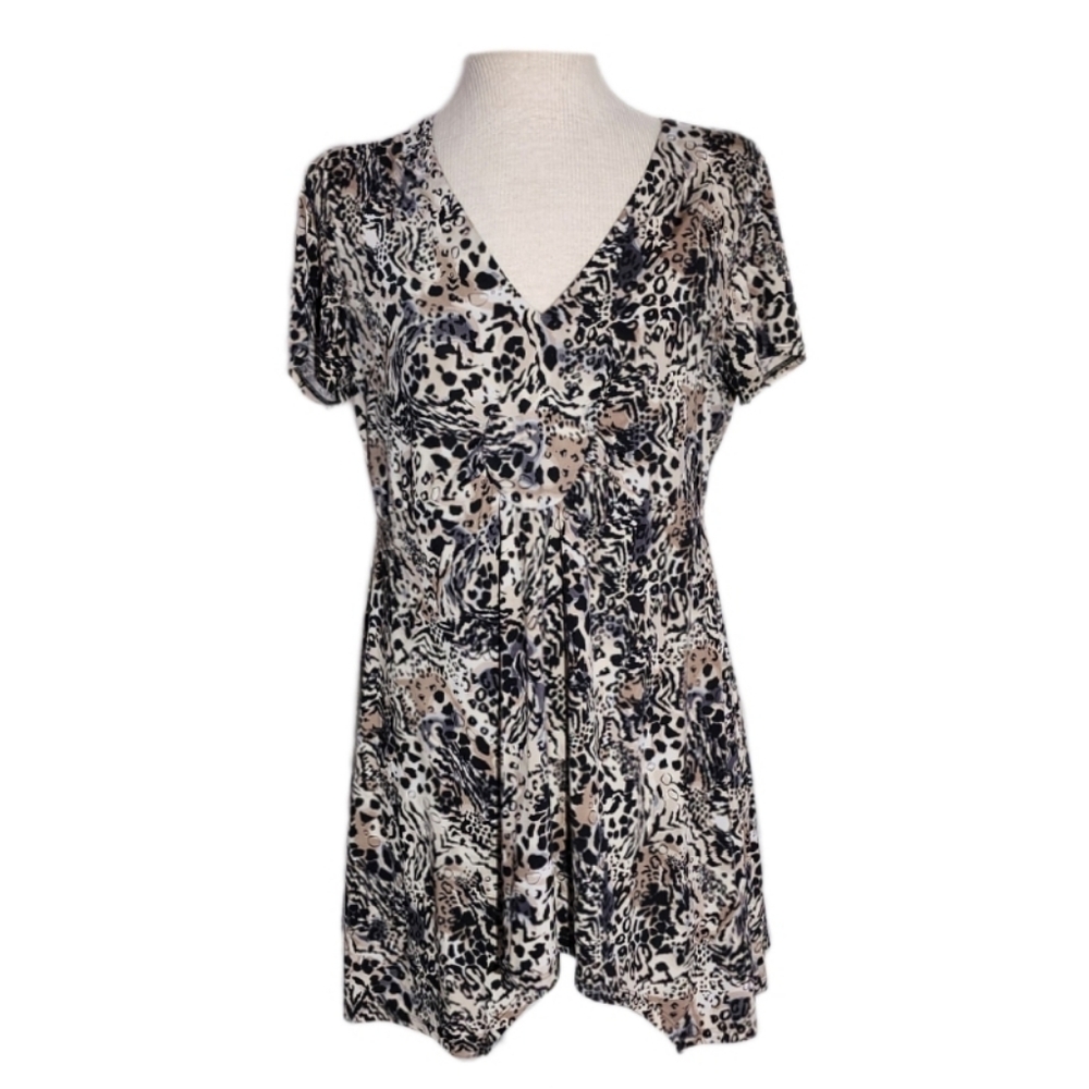 Jaclyn Smith Dress Leopard Print V Neck Assymetric Hem Brown Size M